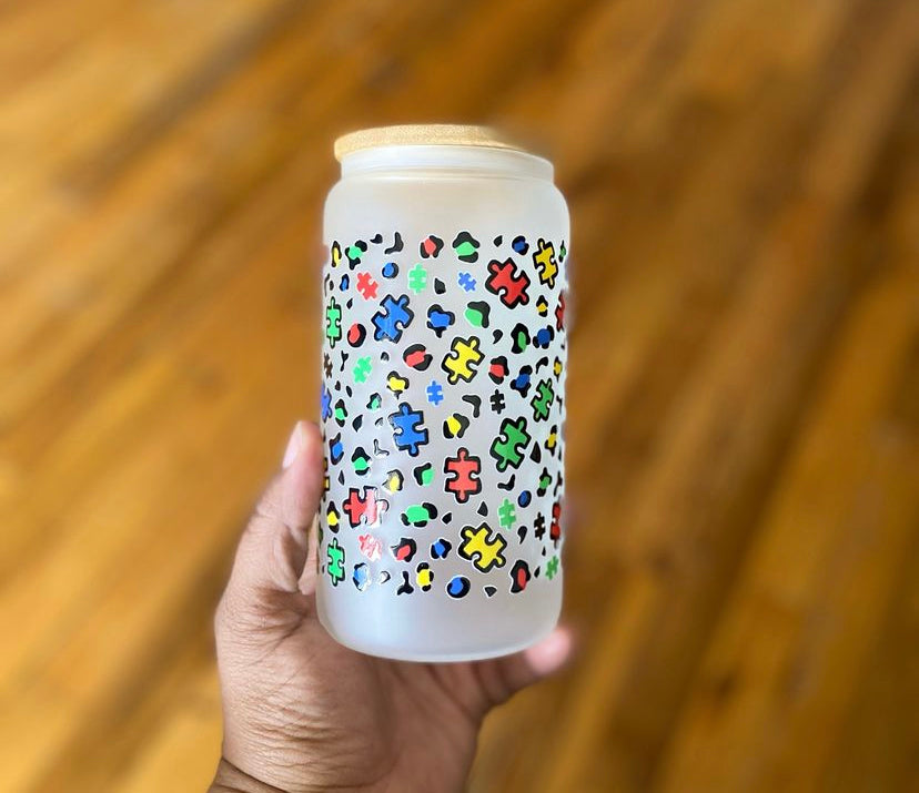 Autism Awareness Puzzle Glass Can Cups/ My Impressions by Mia